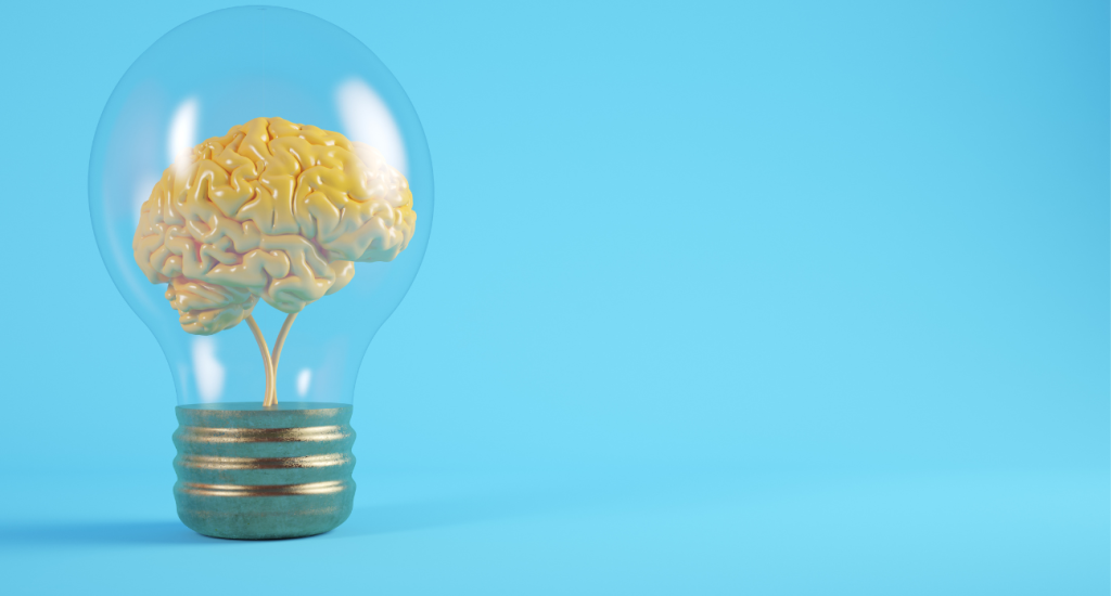 Brain in a bulb with a light blue background
